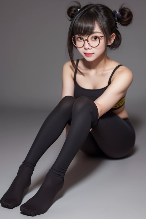 1girl, lynn, Asian young female slim fit wearing round eyewear glasses big black-framed round eyewear, straight bangs long at sides with long strings of hair at sides of the bangs, space-buns, full body picture, leggins