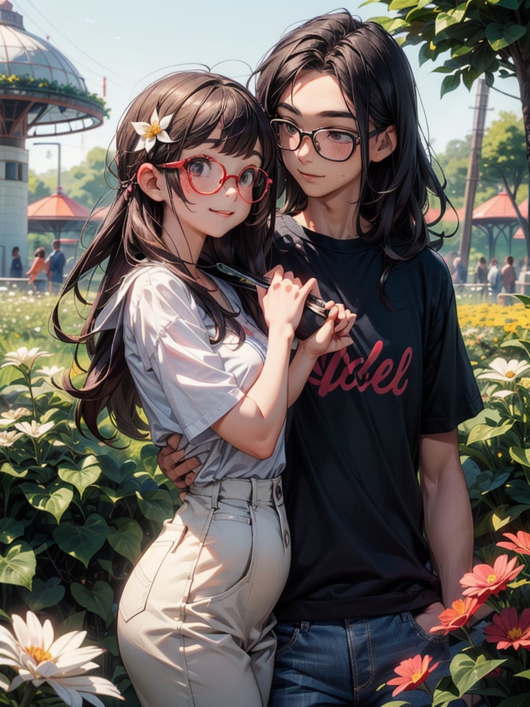 ((masterpiece,upper body shot,best_quality)),sweet smile couple walking in the flower dome,casual summer wear,(chubby medium long hair cute girl,skinny tall short hair boy:1.3),glasses,(prefect cute face couple),