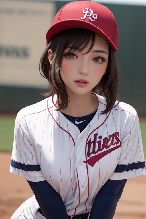 Busty mature woman,front tied cropped baseball uniforms with cap,prefect breasts,best quality,masterpiece, detailed,16k,beautiful detailed face,beautiful detailed eyes,8k,female_solo,prefect body,cowboy shot,pixie cut hair,(prefect face girl),