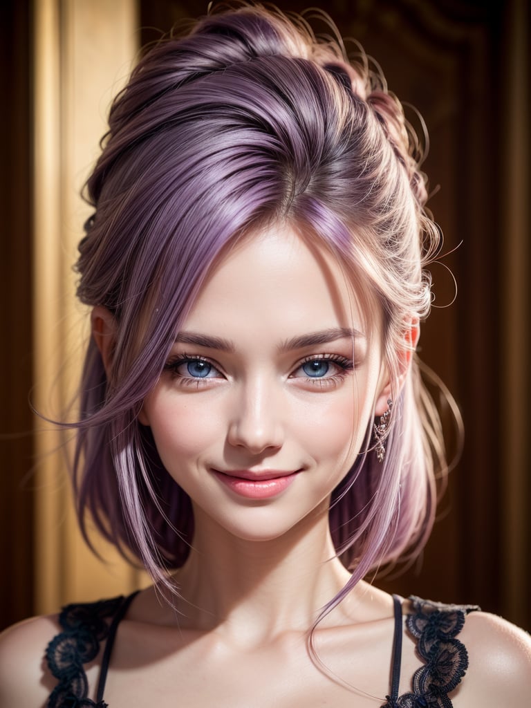 irina meier,half body, sweet smiling at viewer, light purple hair, blue eyes, (8k, RAW photo, best quality, masterpiece:1.2),ultra-detailed, (high detailed skin:1.2), 8k uhd, dslr, soft lighting, high quality,