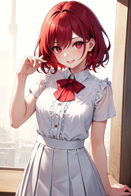 (masterpiece), (best quality), highres, highly detailed, an extremely delicate and beautiful,
1 girl, solo, beautiful red eyes, ruby textured eyes, (smiley and round eyes), pale red hair, (short hair), (wavy hair ends), [tiny:medium:0.7] breasts, (hand by Guido Daniele), 
white blouse, red pleated skirt,