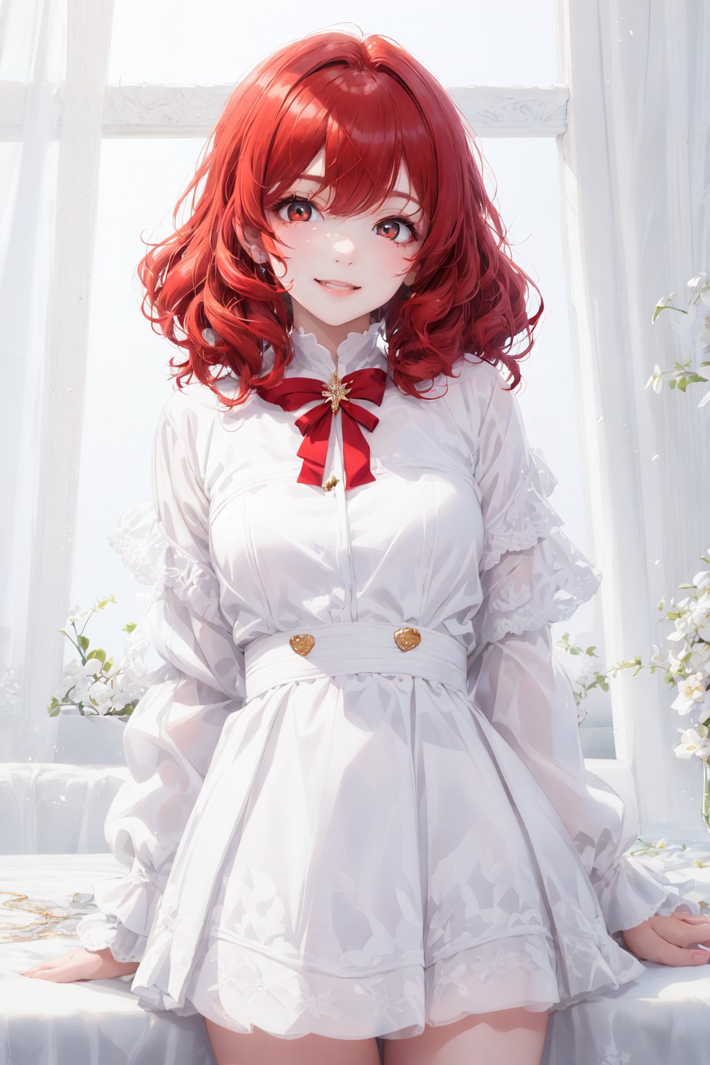 (masterpiece), (best quality), highres, highly detailed, an extremely delicate and beautiful,
1 girl, solo, beautiful red eyes, ruby textured eyes, (smiley and round eyes), pale red hair, (short hair), (wavy hair ends), [tiny:medium:0.7] breasts, (hand by Guido Daniele), 
white blouse, red pleated skirt,(white background:1.5),[(white background:1.5)