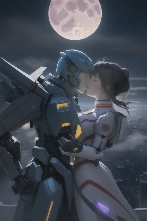  girl and boy kiss  , First person view , lanscape around a cyberpunk city, photorealistic, full moon foggy atmosphere, dark blue tints
 detailed , hd , dinamic angle lens , wide angle , windy day  ,yofukashi background,city,BiBa,night , dramatic atmosfer,night,starry sky , romantic date , happiness!, ,mecha , couple_(romantic),Kitami Reika,mecha