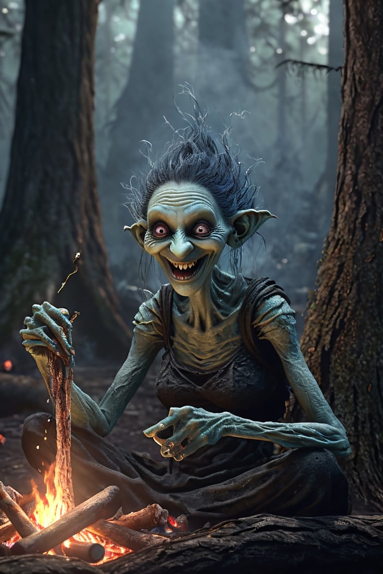 Friendly fantasy troll, slim, humanoid face, female, long thin hanging ears, highly detailed face, grinning, looking into the camera, sitting at a camp fire, handing a mushroom into the camera, portrait, fantasy art, dark fir forest, dark fantasy, detailed, 3d fractals, light particles, shimmering light, surreal, shimmering, perfect composition, detailed, insanely detailed, octane render trending on artstation, 8 k artistic photography, photorealistic concept art, soft natural volumetric cinematic perfect light,monster,HellAI,darkart