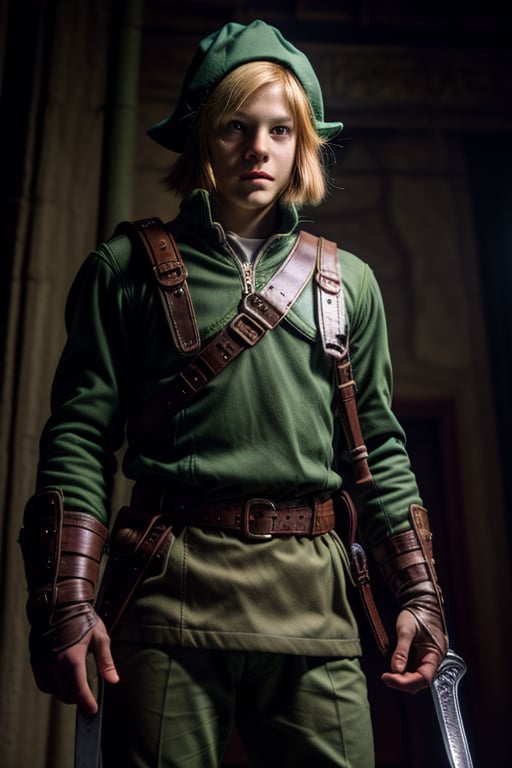 Link portrait of the legend of zelda majora's mask, 17 years old, long full green jacket over pants, green hat, beige pants, brown leather belt with compartments over jacket, warrior sword scabbard, boots brown leather, (right handed warrior sword: 1.6), 4k, high details, 0.35: : full shot, frontal shot, from below, 1 guy, dark studio, low light,dark studio