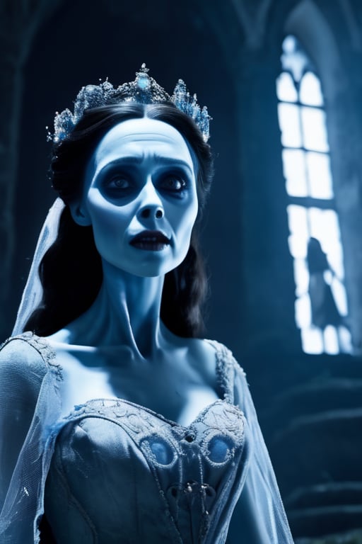 Menacing spooky ghost of transparent blue skeletal corpse bride,  full body visible,  feet floating in air by Josluis0077...