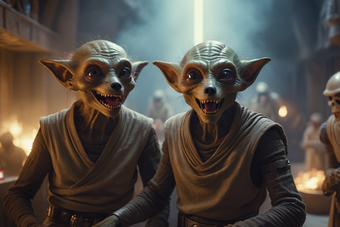 (masterpiece,  best quality),  portrait of two individuals of an alien species with huge eyes sitting in the Mos Eisley ca...