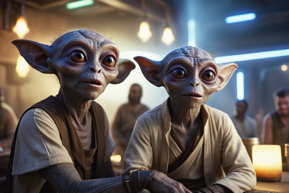 (masterpiece,  best quality),  portrait of two individuals of an alien species with huge eyes sitting in the Mos Eisley ca...
