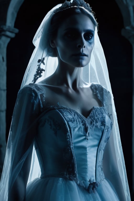 Menacing creepy ghost of transparent blue skeleton bride,  (transparent: 1.4) full body visible,  feet floating in air by...