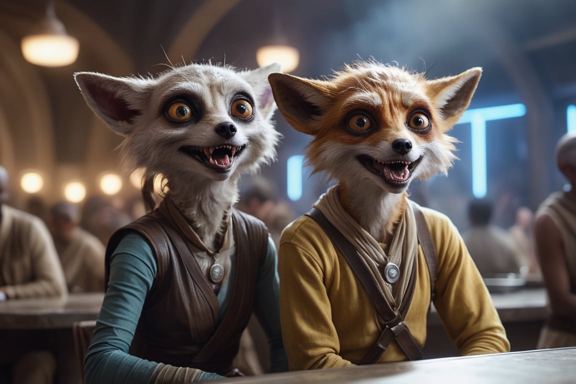 (masterpiece,  best quality),  portrait of two individuals of an alien species with huge eyes sitting in the Mos Eisley ca...