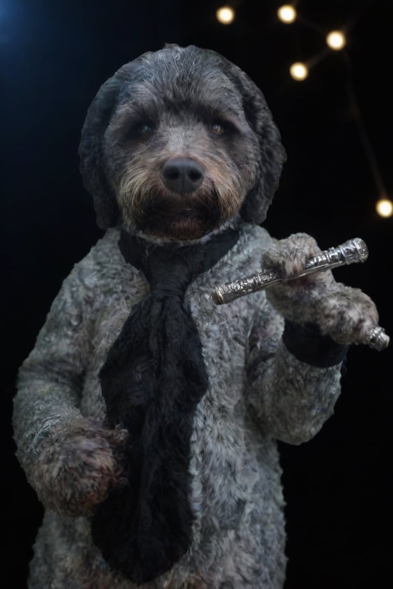 Cinematic photo of an anthropomorphic labradoodle humanoid body, playing a silver flute, wind musical instrument, movie poster, dressed as a prestigious musician, great detail, hyper-realistic. 35mm photography, film, bokeh, professional, 4k, highly detailed, Cnd