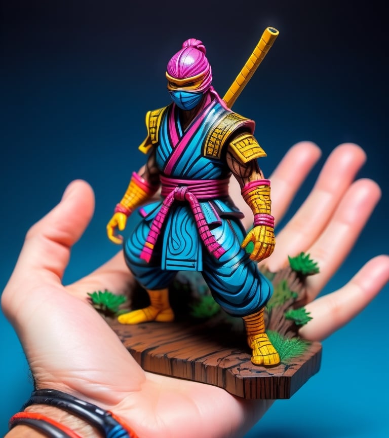 a hand-painted figurine representing a ninja man, rural Japanese, where secret ninja combat techniques are performed, art by josan gonzalez, yuna, pencil draw, cyb-3d-art,Leonardo Style,neon style,beyond_the_black_rainbow,awe_toys,Sci-fi 