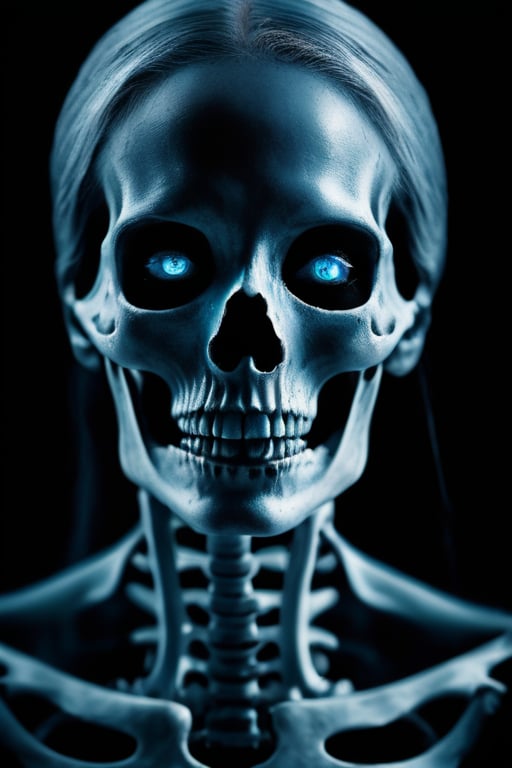 Menacing creepy ghost of an old transparent blue toned skeleton woman,  full body visible,  black background by Josluis007...