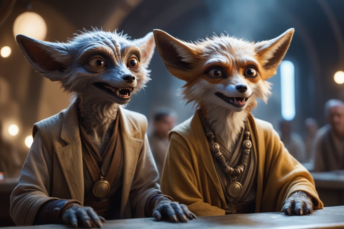 (masterpiece,  best quality),  portrait of two individuals of an alien species with huge eyes sitting in the Mos Eisley ca...