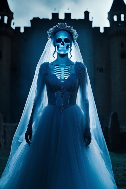 Menacing creepy ghost of transparent blue skeleton bride,  (transparent: 1.4) full body visible,  feet floating in air by...