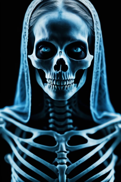 Menacing creepy ghost of an old transparent blue toned skeleton woman,  full body visible,  black background by Josluis007...