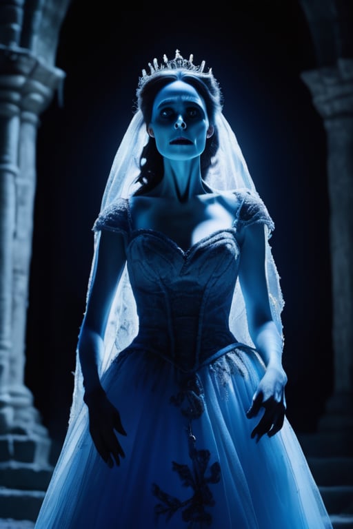 Menacing spooky ghost of transparent blue skeletal corpse bride,  full body visible,  feet floating in air by Josluis0077...