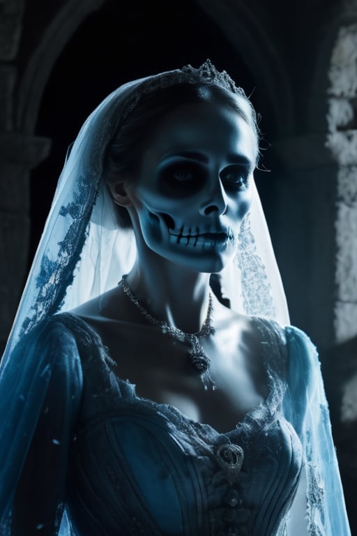 Menacing creepy ghost of transparent blue skeleton bride,  (transparent: 1.4) full body visible,  feet floating in air by...