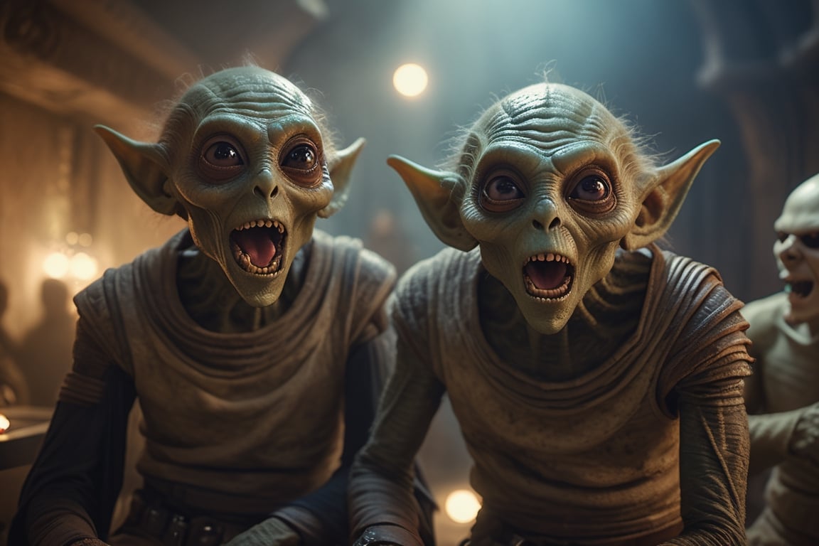 (masterpiece,  best quality),  portrait of two individuals of an alien species with huge eyes sitting in the Mos Eisley ca...
