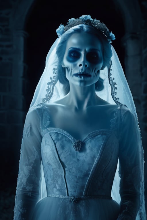 Menacing creepy ghost of transparent blue skeleton bride,  (transparent: 1.4) full body visible,  feet floating in air by...