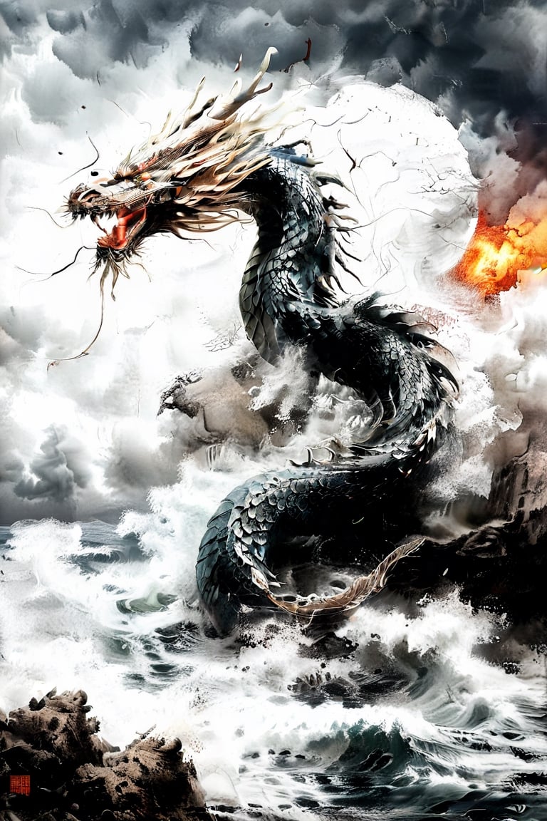 ultra-realistic photograph of a japanese dragon, full-length photo, in the style of matthias jung, kerem beyit, uhd image, 8k, authentic renderings, artgerm, purple, red and orange fire, comes out of its mouth, crimson tones, historical painting, background of a rough sea, thunderstorm lightning, a great wave, a gigantic wave,Disney pixar style,dragon,LegendDarkFantasy,Dragon,darkart,dragon chinese,chinese dragon