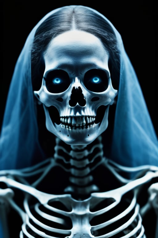 Menacing creepy ghost of an old transparent blue toned skeleton woman,  full body visible,  black background by Josluis007...