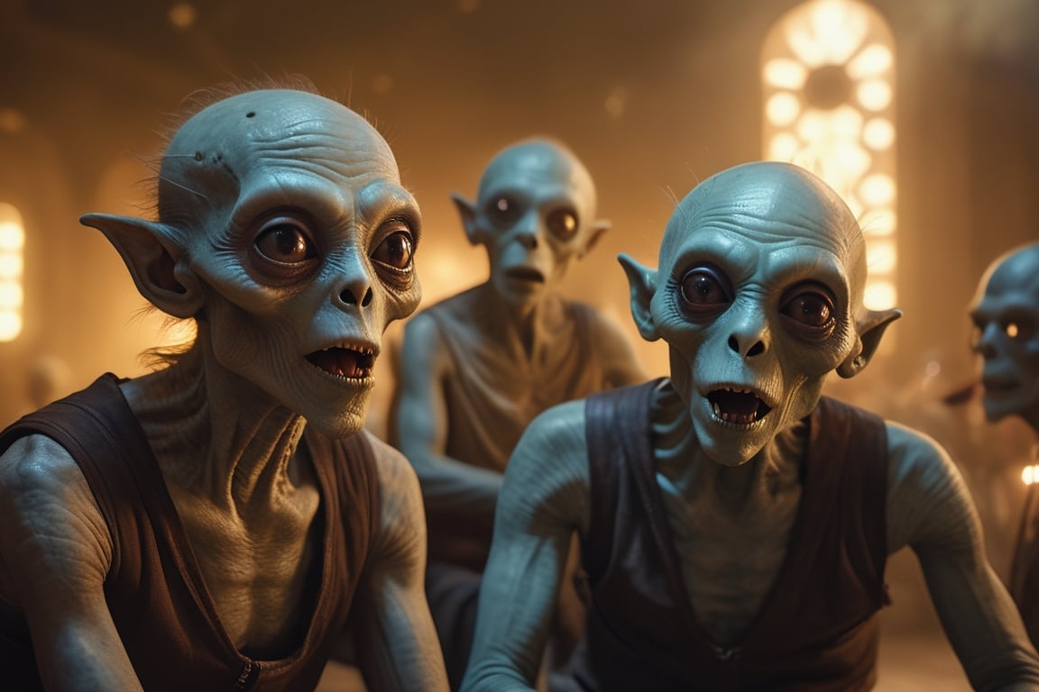 (masterpiece,  best quality),  portrait of two individuals of an alien species with huge eyes sitting in the Mos Eisley ca...