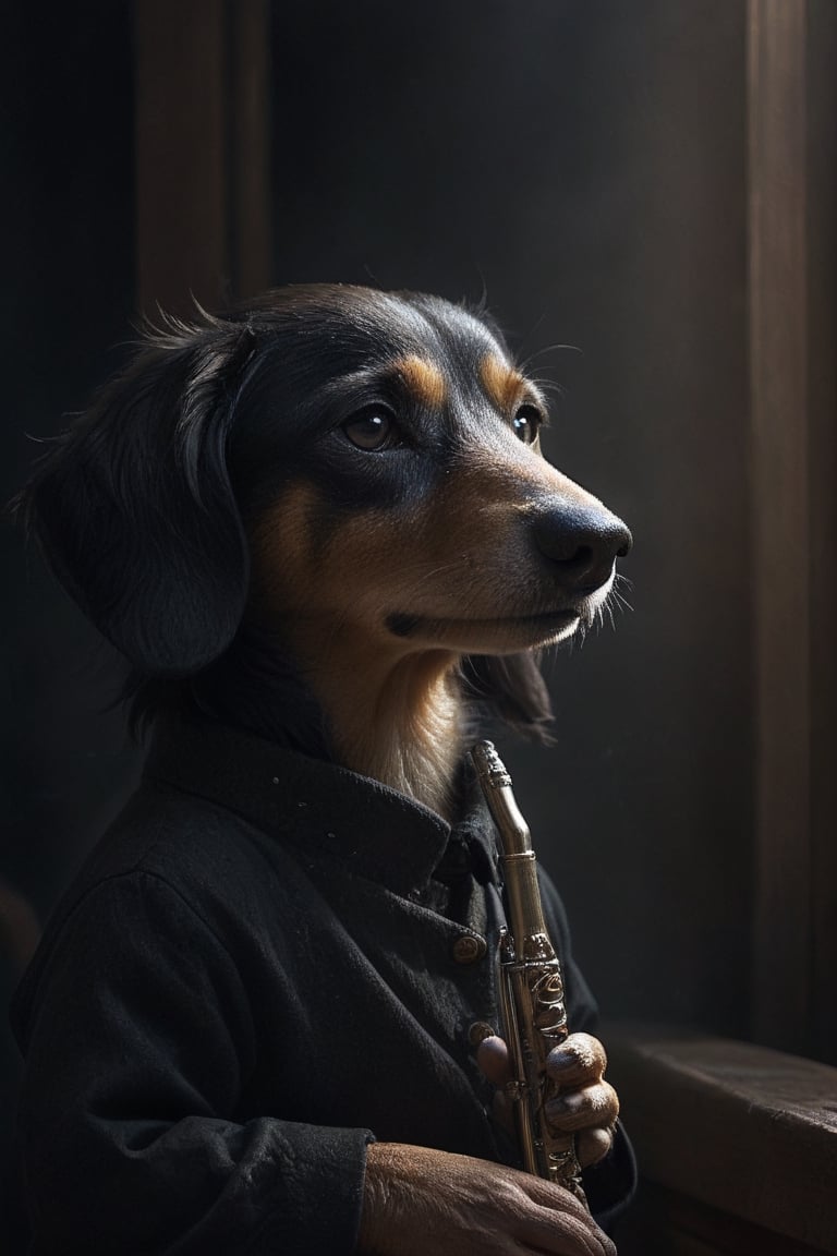 Cinematic photo of an anthropomorphic Dachshund humanoid body, playing a silver flute, wind musical instrument, movie poster, dressed as a prestigious musician, great detail, hyper-realistic. 35mm photography, film, bokeh, professional, 4k, highly detailed, Cnd,dragon_h,N.A.WhitetailDeer