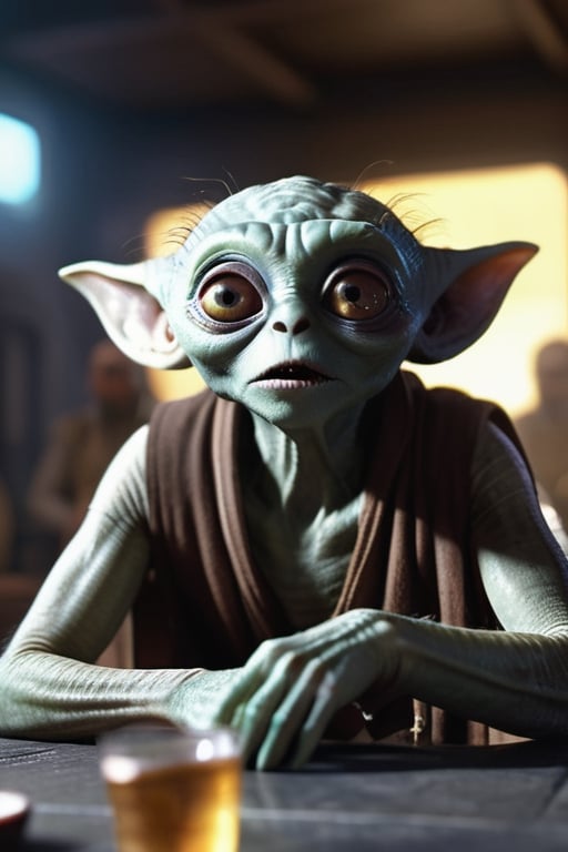 (masterpiece,  best quality),  portrait of an alien species with huge eyes sitting in Mos Eisley cantina by Josluis0077  o...