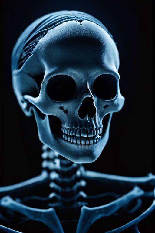 Menacing creepy ghost of an old transparent blue toned skeleton woman,  full body visible,  black background by Josluis007...