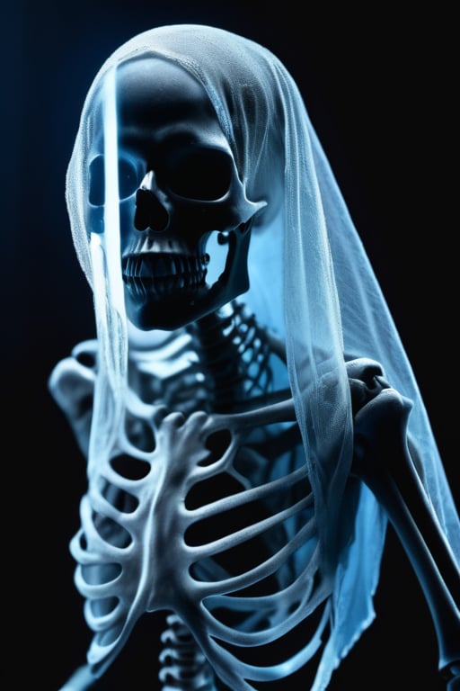Menacing creepy ghost of an old transparent blue toned skeleton woman,  full body visible,  black background by Josluis007...