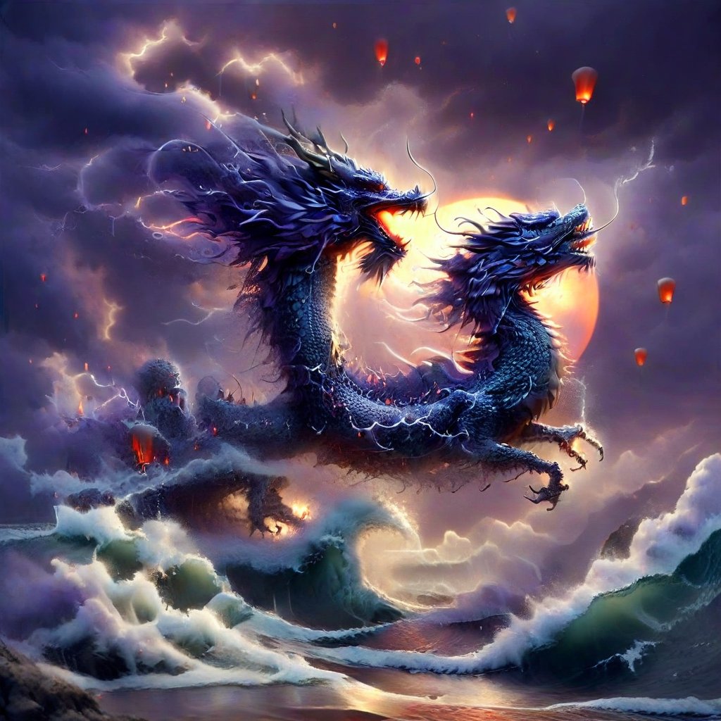 ultra-realistic photograph of a japanese dragon, full-length photo, in the style of matthias jung, kerem beyit, uhd image, 8k, authentic renderings, artgerm, purple, red and orange fire, comes out of its mouth, crimson tones, historical painting, background of a rough sea, thunderstorm lightning, a great wave, a gigantic wave,Disney pixar style,dragon,LegendDarkFantasy,Dragon,darkart