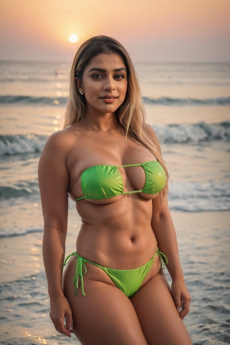 Indian girl, onlyfans model, the model is ((Aliza Vellani)), large boobs, Big ass, (in lime green bikini), wet_hair, standing on the beach,(((sunset))), ((braided_hair, blonde_hair )),(big_breasts:1.3),aw0k teacher