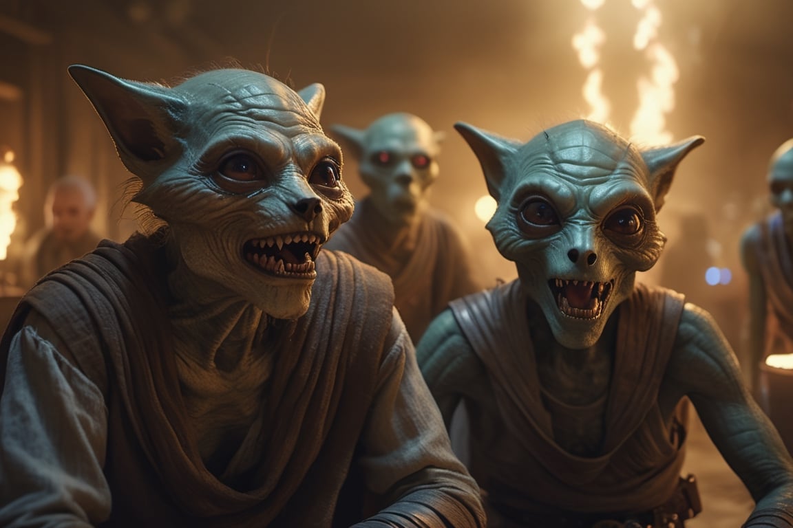 (masterpiece,  best quality),  portrait of two individuals of an alien species with huge eyes sitting in the Mos Eisley ca...