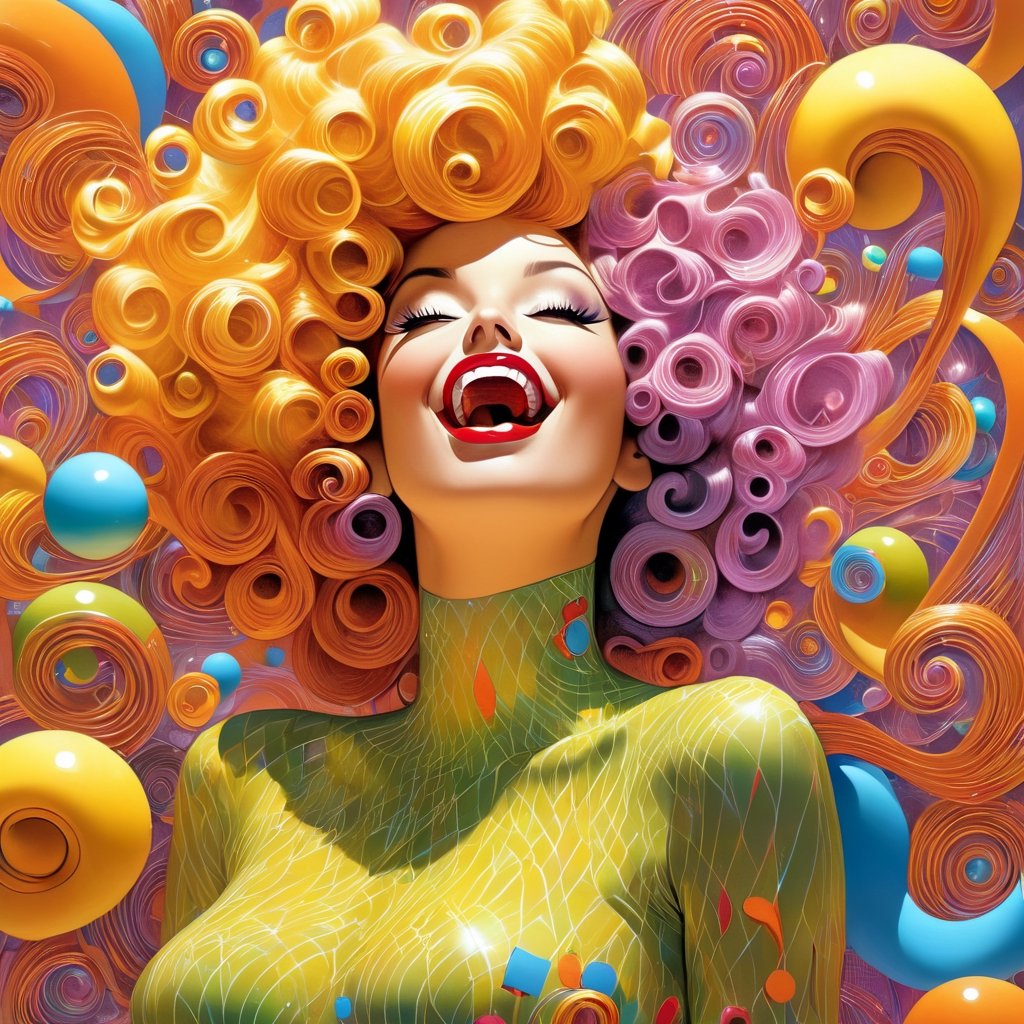 (full body photo:1.5), MULTIPLE curvy women, singing into 1 vintage microphone, adult faces, masterpiece, best quality, beautiful detailed eyes, (Yellow purple to orange fade hair, blue eyes), (short red hair, green eyes), parted lips, smiling, extremely detailed, large breasts, insane details, intricate details, hyperdetailed,kissing each other, Pencil dresses, eyeshadow, lipstick, music notes swirl around them, waves of color, retrofuturism, , ojou curls, floofy bob,