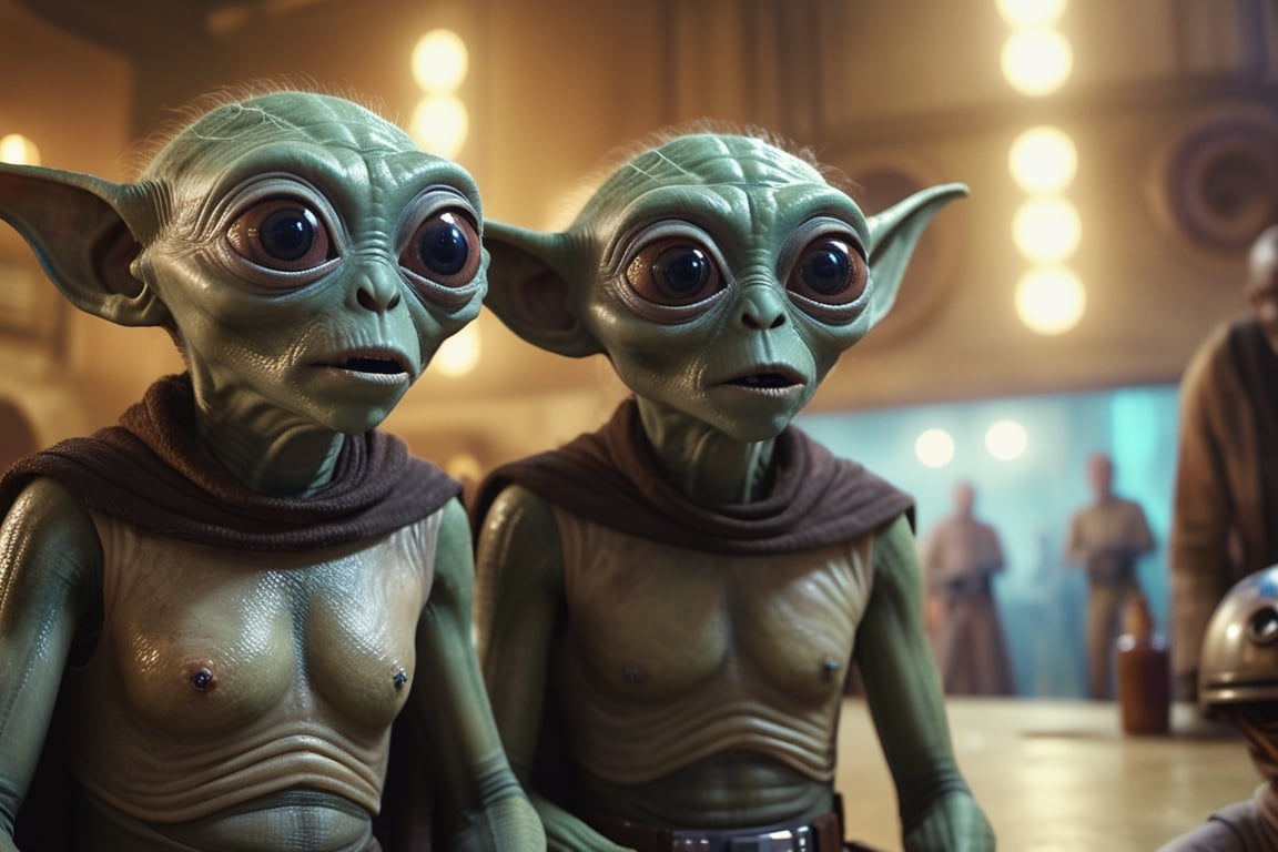 (masterpiece,  best quality),  portrait of two individuals of an alien species with huge eyes sitting in the Mos Eisley ca...