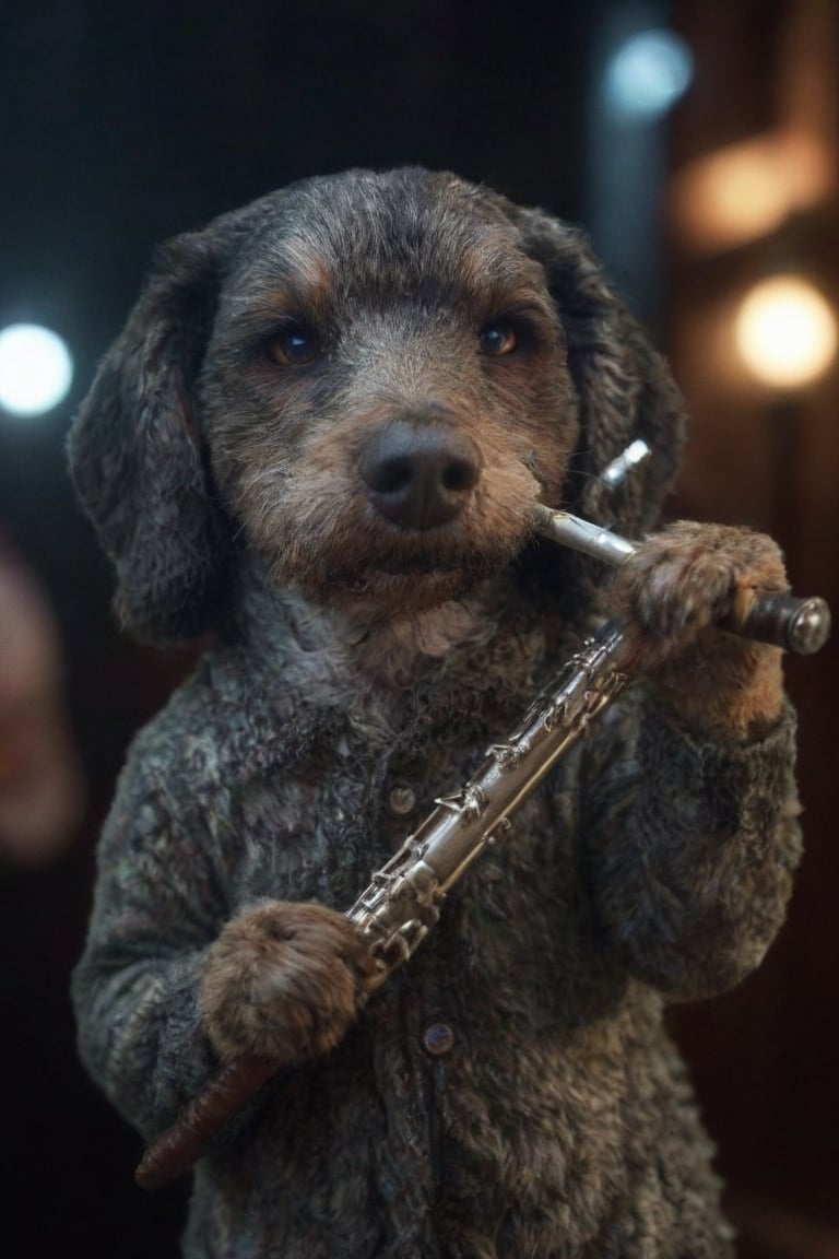 Cinematic photo of an anthropomorphic Dachshund humanoid body, playing a silver flute, wind musical instrument, movie poster, dressed as a prestigious musician, great detail, hyper-realistic. 35mm photography, film, bokeh, professional, 4k, highly detailed, Cnd