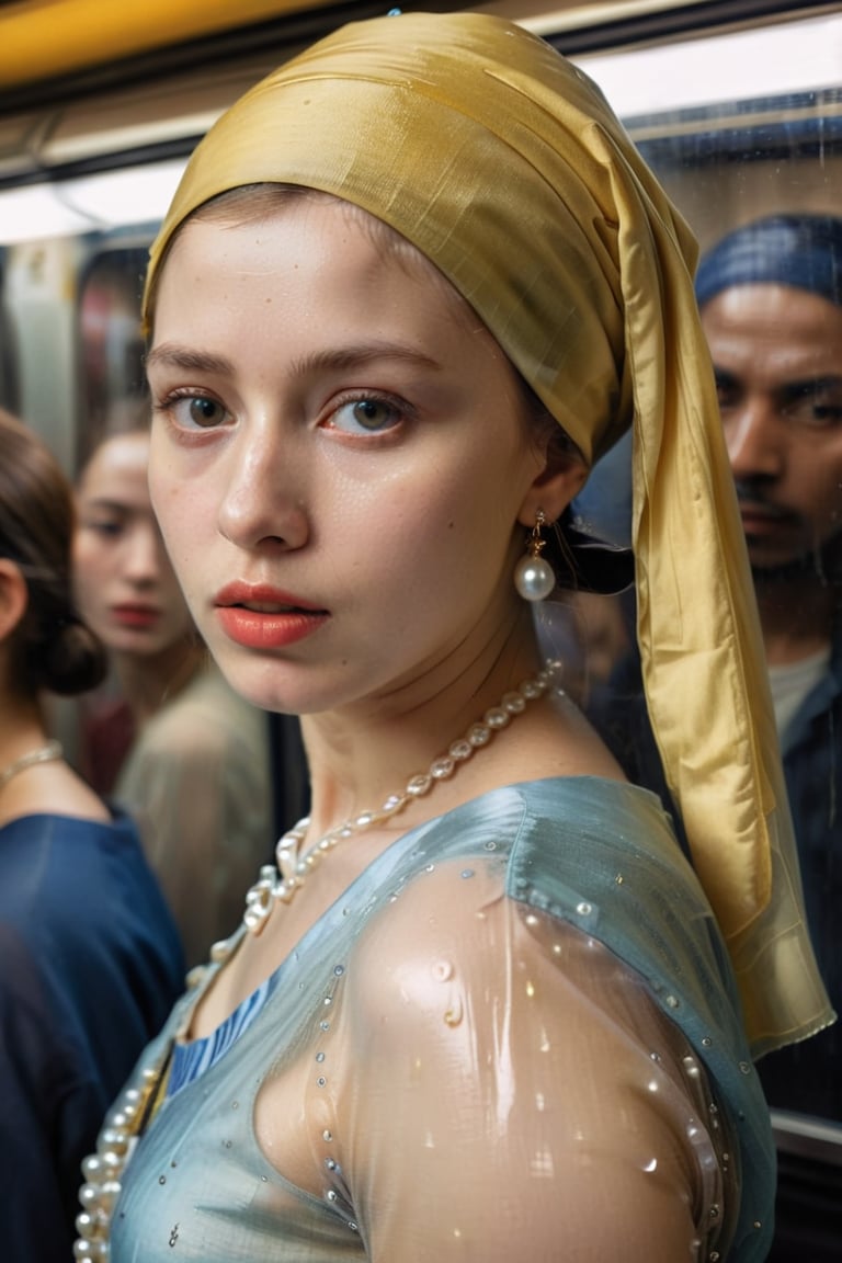 Vermeer's classic painting entitled Girl with Pearl Earring, transparent clothes,crowded subway on background,(masterpiece) (beautiful composition) (Fuji film), dlsr, highres, high resolution, intricately detailed, (hyperrealistic oil painting:0.77), 4k, highly detailed face, highly detailed skin, volumetric lighting dynamic lighting, Caravaggio lighting