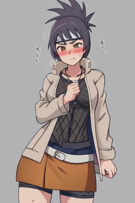 (zipping), (jacket_tug), 1girl, track jacket, white shirt, sweat, blush, mitarashi anko, forehead protector, necklace, trenchcoat, mesh top, mesh shorts, orange skirt