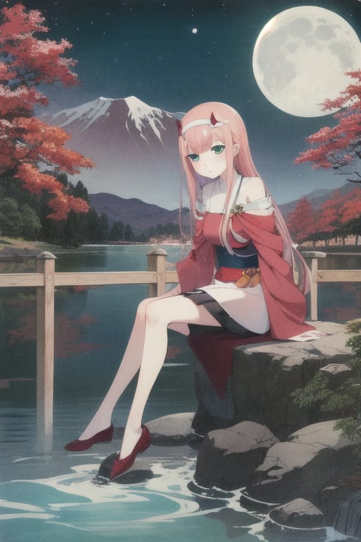 solo, 1girl, full body, sitting, lake, waterfall, mountains, night, moon, 
ohara koson, ukiyo-e, 
high res, best quality, , zero two, (green eyes:1.5), hairband, horns, long hair, pink hair, red horns, white hairband