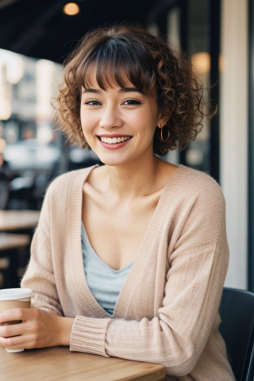 fashion portrait, looking at camera, upperbody, 1girl, curly bangs, curly hair, medium hair, blonde hair, blue eyes, makeup, smiling, teeth, half closed eyes, beige cardigan, collarbone, holding coffee cup sitting at table, cafe, outdoors, bustling city, volumetric lighting, realistic, blurred background