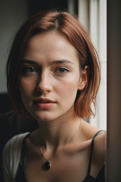 fashion photography portrait of 1girl, redhead, in an countryside cottage, interior, cozy, soft light, rim light, beautiful shadow, low key, (photorealistic, raw photo:1.2), (natural skin texture, realistic eye and face details), hyperrealism, ultra high res, 4K, Best quality, masterpiece, necklace, in the dark