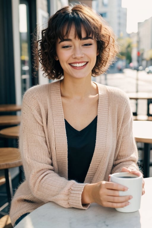 fashion portrait, looking at camera, upperbody, 1girl, curly bangs, curly hair, medium hair, blonde hair, blue eyes, makeup, smiling, teeth, half closed eyes, beige cardigan, collarbone, holding coffee cup sitting at table, cafe, outdoors, bustling city, volumetric lighting, realistic, blurred background