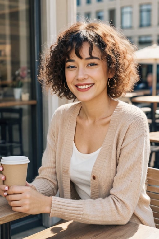 fashion portrait, looking at camera, upperbody, 1girl, curly bangs, curly hair, medium hair, blonde hair, blue eyes, makeup, smiling, teeth, half closed eyes, beige cardigan, collarbone, holding coffee cup sitting at table, cafe, outdoors, bustling city, volumetric lighting, realistic, blurred background