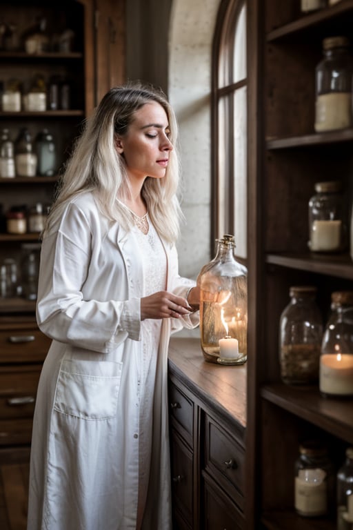 RAW Photo, professional color graded, BREAK portrait photograph of young stunning (woman alchemist:1.2), 1girl, solo, long hair, long sleeves, pouring, white hair, closed mouth, blurry, candle, bottle, bookshelf, indoors, blurry background, (realistic:1.1), medieval laboratory, sharp focus, HDR, 8K resolution, intricate detail, sophisticated detail, depth of field, analogue RAW, photorealistic, looking at viewer,dark theme