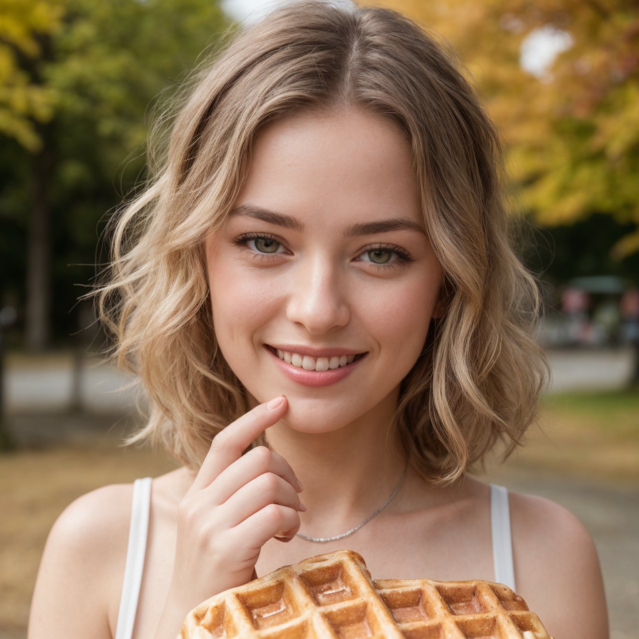 RAW Photo, DSLR, professional color graded, BREAK (masterpiece:1.3), (best quality:1.2), (intricate detailed:1.2), (hyperrealistic:1.2), (professional photograpy:1.1), highly detailed, absurd res, ((closeup portrait)), pretty woman, silver blonde hair, fuzzy curly hair, (laughing:0.8), looking at viewer, smiling, ((wearing summer dress)), (holding up a waffle:1.25), magical, colourful autumn leaves background, small Slovenia town, travel photography