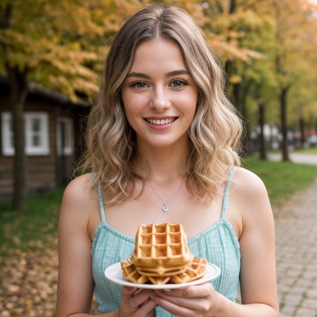 RAW Photo, DSLR, professional color graded, BREAK (masterpiece:1.3), (best quality:1.2), (intricate detailed:1.2), (hyperrealistic:1.2), (professional photograpy:1.1), highly detailed, absurd res, ((closeup portrait)), pretty woman, silver blonde hair, fuzzy curly hair, (laughing:0.8), looking at viewer, smiling, ((wearing summer dress)), (holding up a waffle:1.25), magical, colourful autumn leaves background, small Slovenia town, travel photography