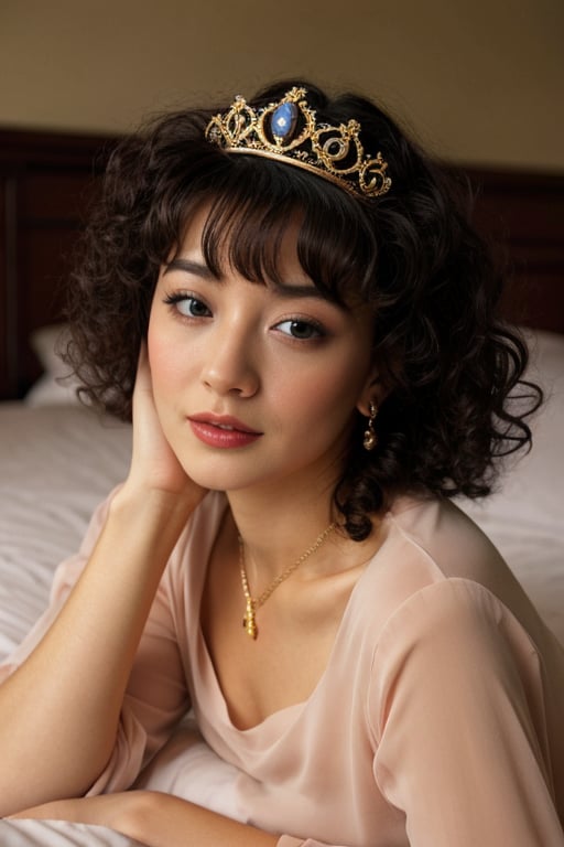 fashion portrait, looking at camera, upperbody, 1girl, curly bangs, curly hair, medium hair, blonde hair, blue eyes, makeup, pink dress, tiara, gold necklace, see-through sleeves, sleeping on bed, lying back, laying back on bed, on back, laying on bed, royal bedroom, roses on bed, royalty, night time, candle-lit, volumetric lighting, realistic, blurred background