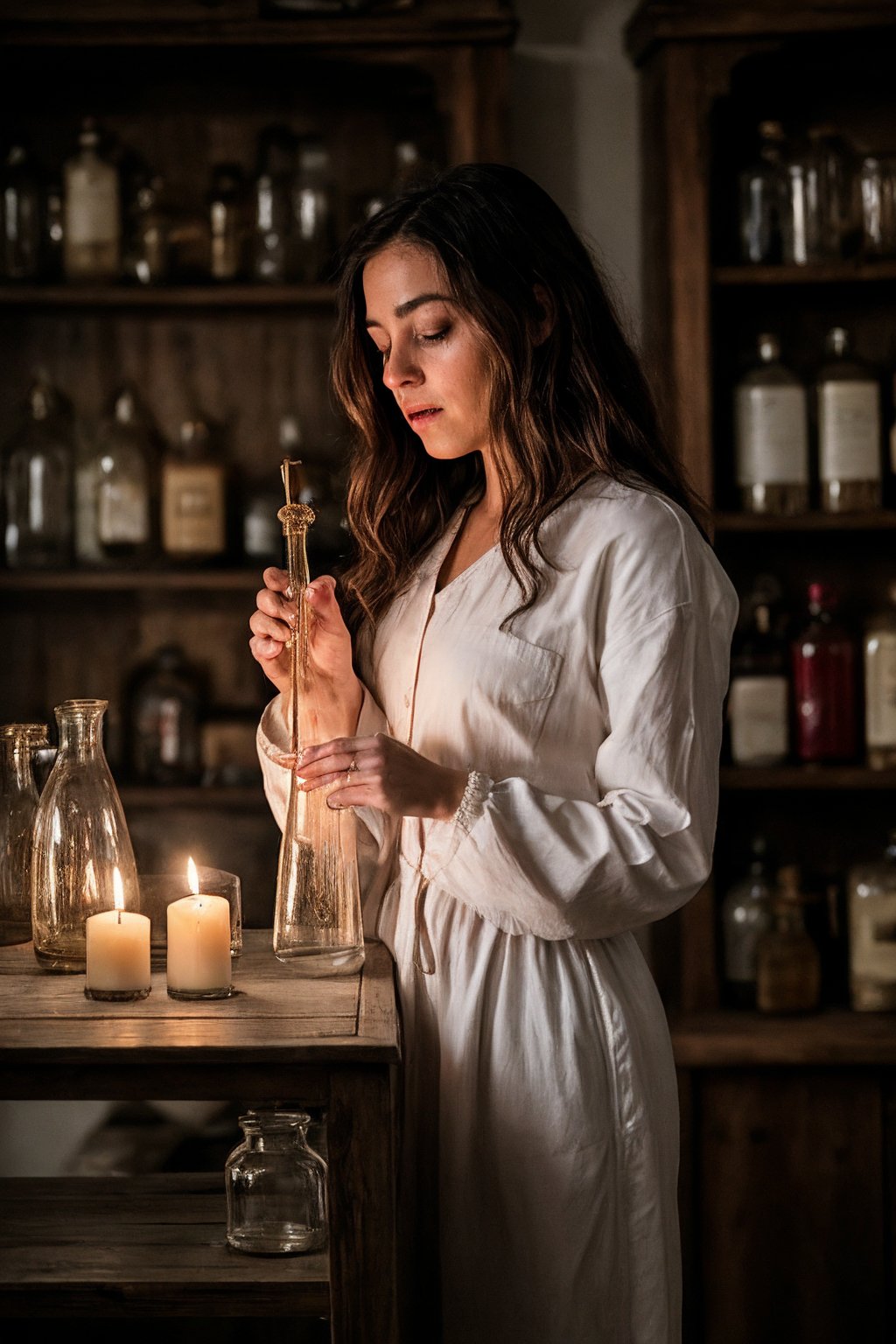 RAW Photo, professional color graded, BREAK portrait photograph of young stunning (woman alchemist:1.2), 1girl, solo, long hair, long sleeves, pouring, white hair, closed mouth, blurry, candle, bottle, bookshelf, indoors, blurry background, (realistic:1.1), medieval laboratory, sharp focus, HDR, 8K resolution, intricate detail, sophisticated detail, depth of field, analogue RAW, photorealistic, looking at viewer,dark theme