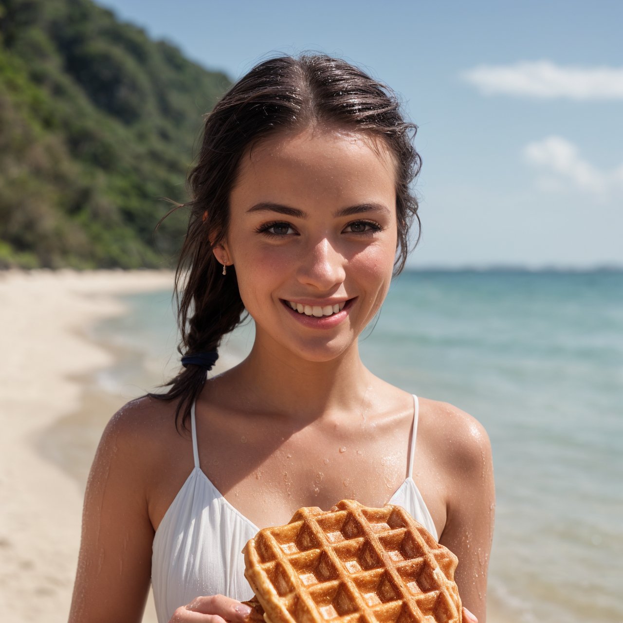 RAW Photo, DSLR, professional color graded, BREAK (masterpiece:1.3), (best quality:1.2), (intricate detailed:1.2), (hyperrealistic:1.2), (professional photograpy:1.1), highly detailed, absurd res, ((closeup portrait)), pretty brown hair woman, pony tail, wet skin, wet hair, (laughing:0.8), looking at viewer, smiling, ((wearing summer dress)), (holding up a waffle:1.25), magical, summer tropical beach, in the sea, sea reflection, energetic, photography